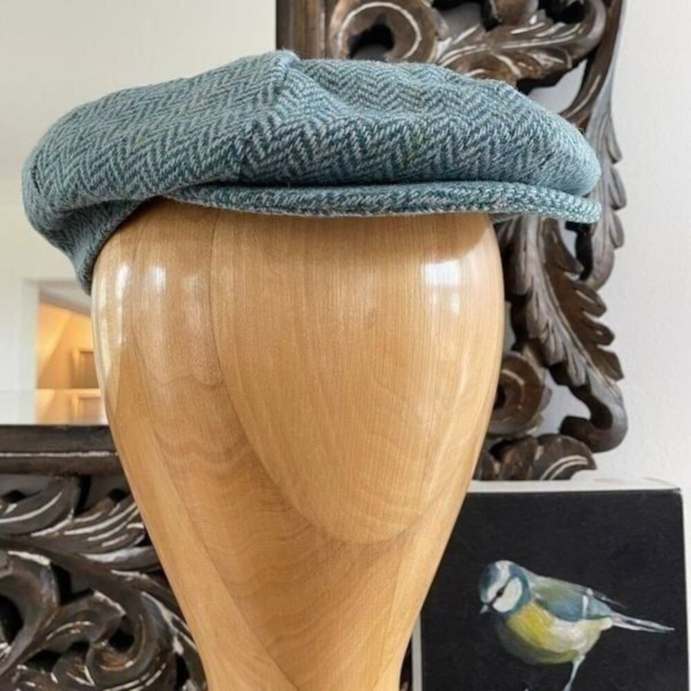 Vintage Glen Eske Donegal Tweed Newsboy Hat Wool Blue Herringbone S